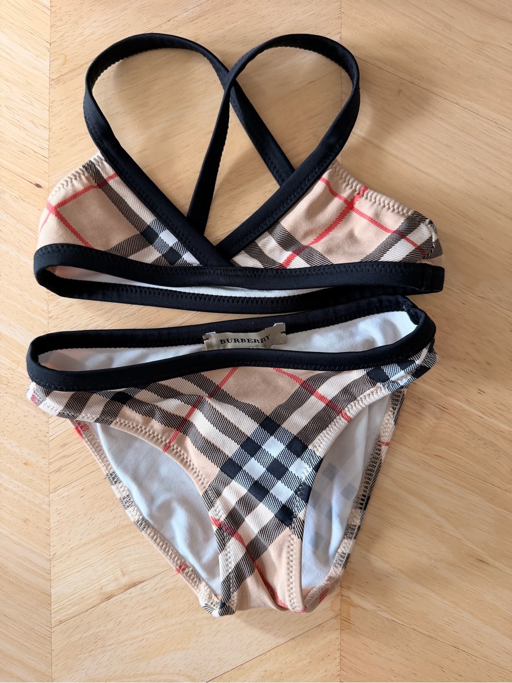 Vintage Burberry Beige Nova Check Bikini Set with Black Trim 2Y